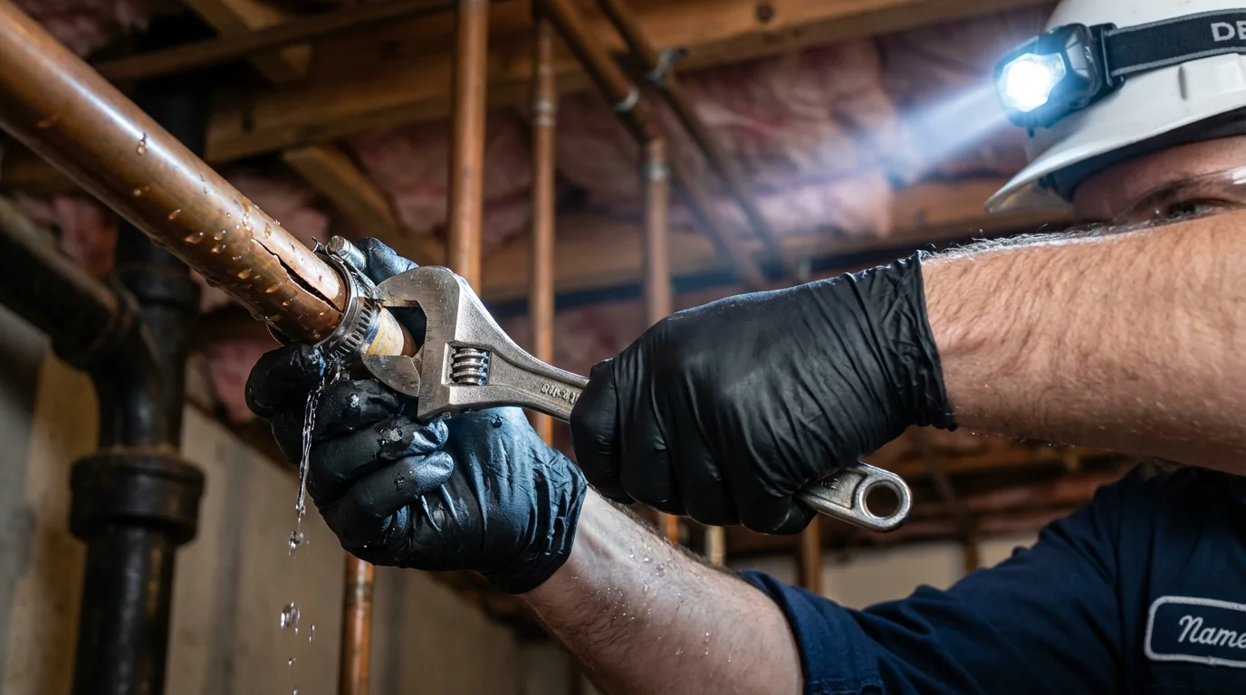 Emergency pipe clamp repair being performed by a Johns Plumbing LLC plumber in Wentzville