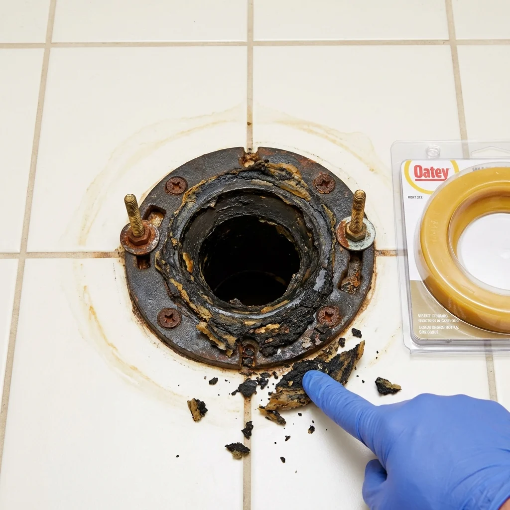 Failed wax ring showing water seepage at the base of a toilet in a Wentzville, MO home