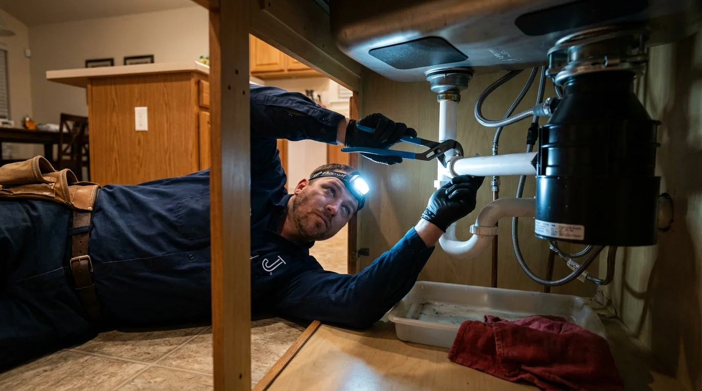 P-trap and supply line connections under a kitchen sink showing a common leak point in Wentzville, MO